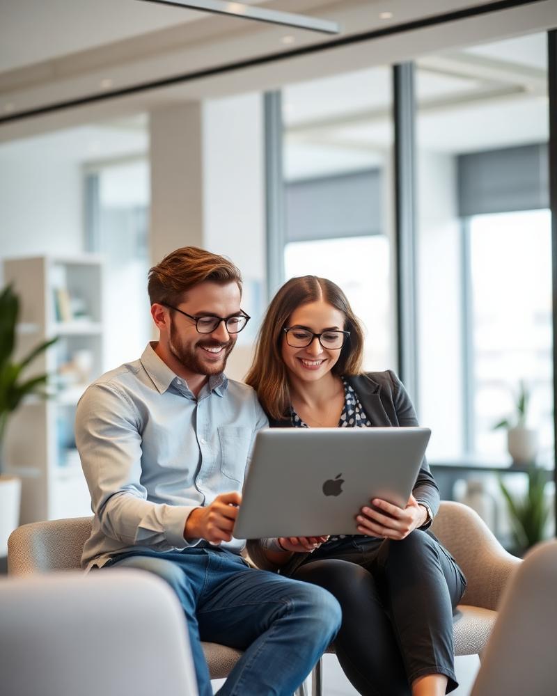 Equipe de imobiliária analisando carteira de reformas no notebook